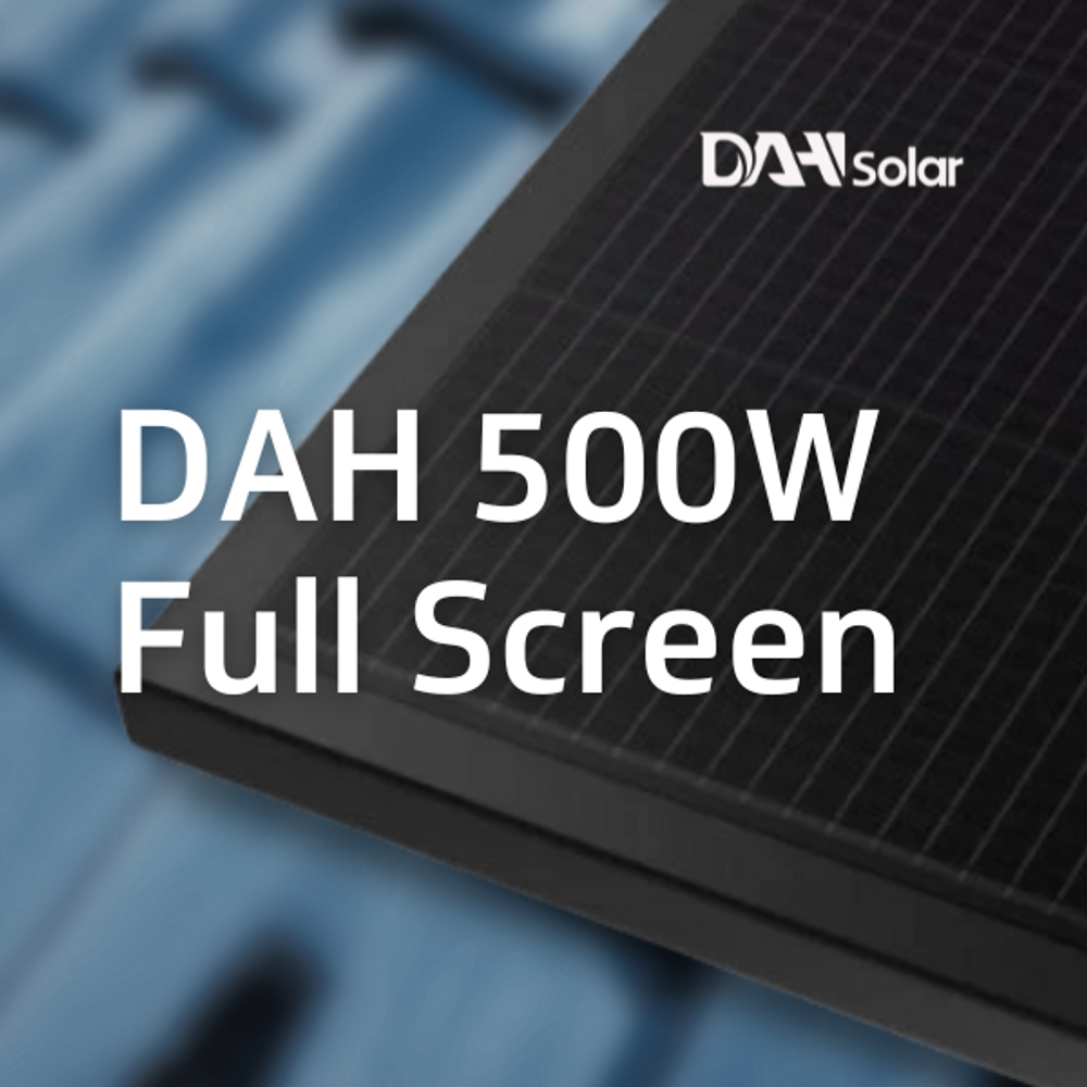 Bezrámový panel DAH 500W zvyšuje výrobu energie až o 15 %. Full-black design, bifaciální sklo-sklo, N-type TOPCon.