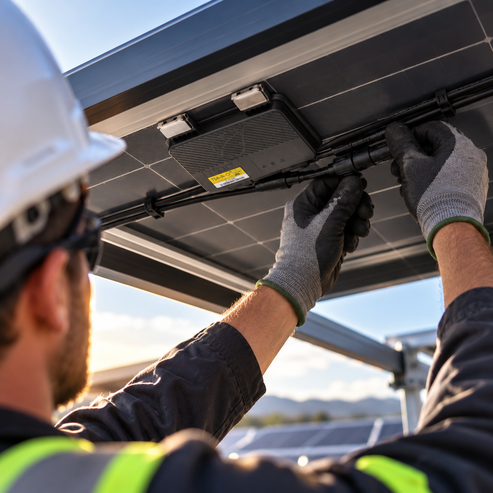 Tigo TS4 optimizer mounted on the frame of a solar panel